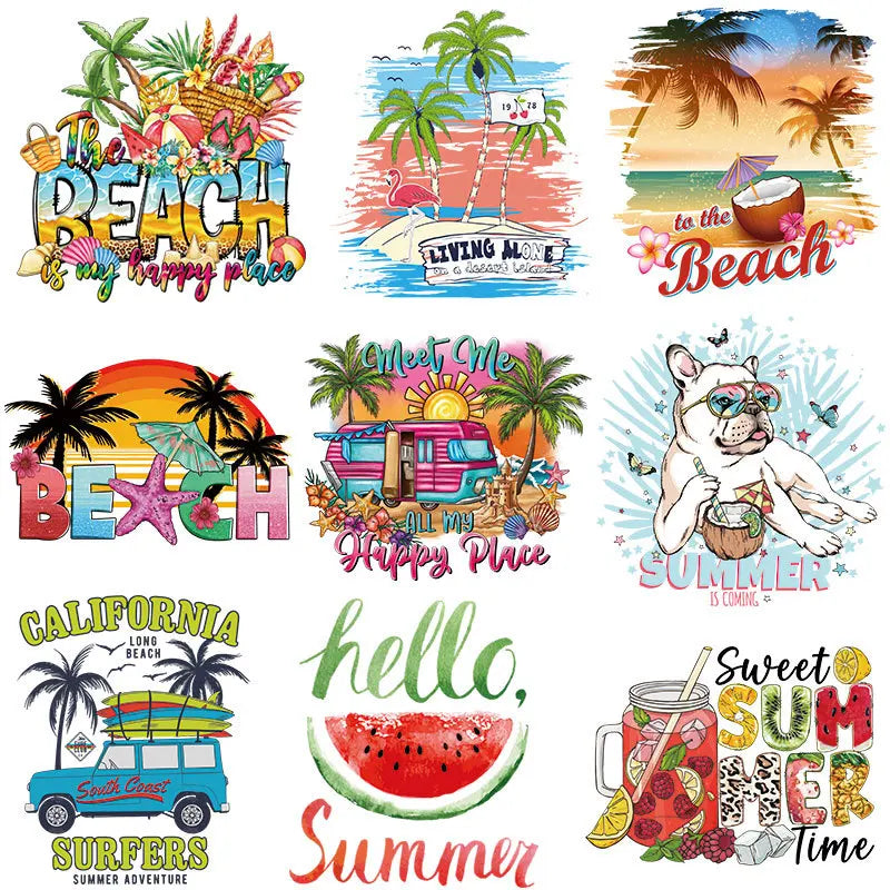 For Eco-friendly Durable Heat Transfer Press Stickers Washable Vinyl Summer Cartoon Series DIY T-Shirt Printing Low MOQ Ready