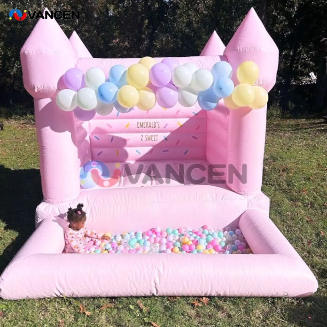 Commercial 100% PVC White Castle Jumping House with Pit Pink Inflatable Bouncy House Kids Moonwalk White Bounce House for Party