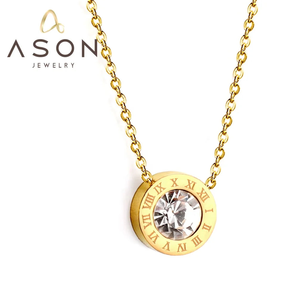 Ason Fashion New Design Women Stainless Steel Crystal Choker Necklace Jewelry Gold Color Round Diamonds Pendant Arabic Necklace
