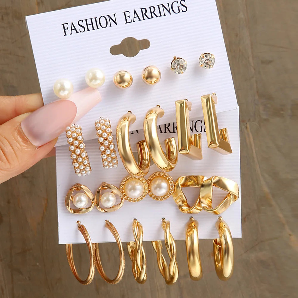 Go Party 6 Pairs/Set Metal Alloy Crystal Hoop Earrings Set for Women Diamond Pearl Geometric Studs Earrings Sets