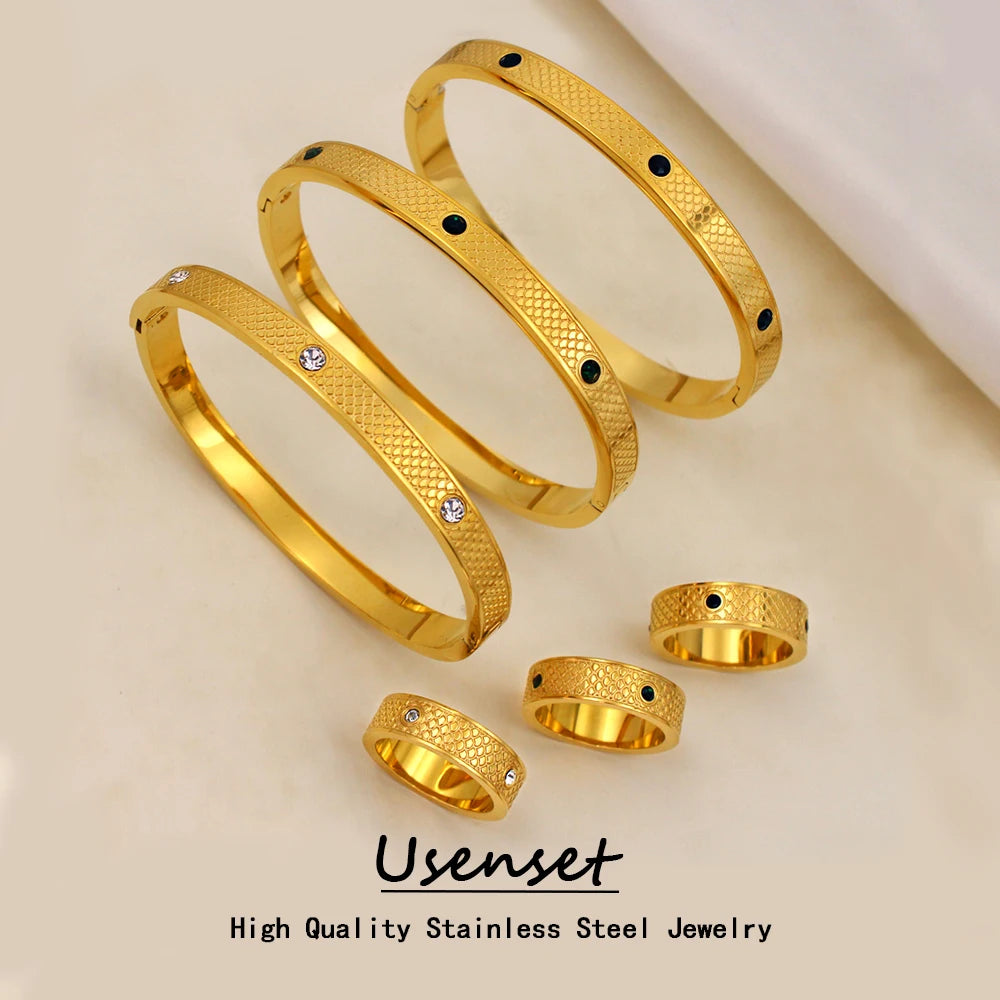 Fish Scale Textured Stainless Steel Jewelry Set for Couple Statement 18K Gold Color Hand Accessories Gift