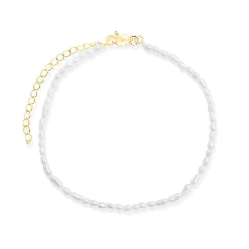 Gemnel High Quality 925 Sterling Silver 18k Gold Oval Freshwater Pearl Bracelet Anklet