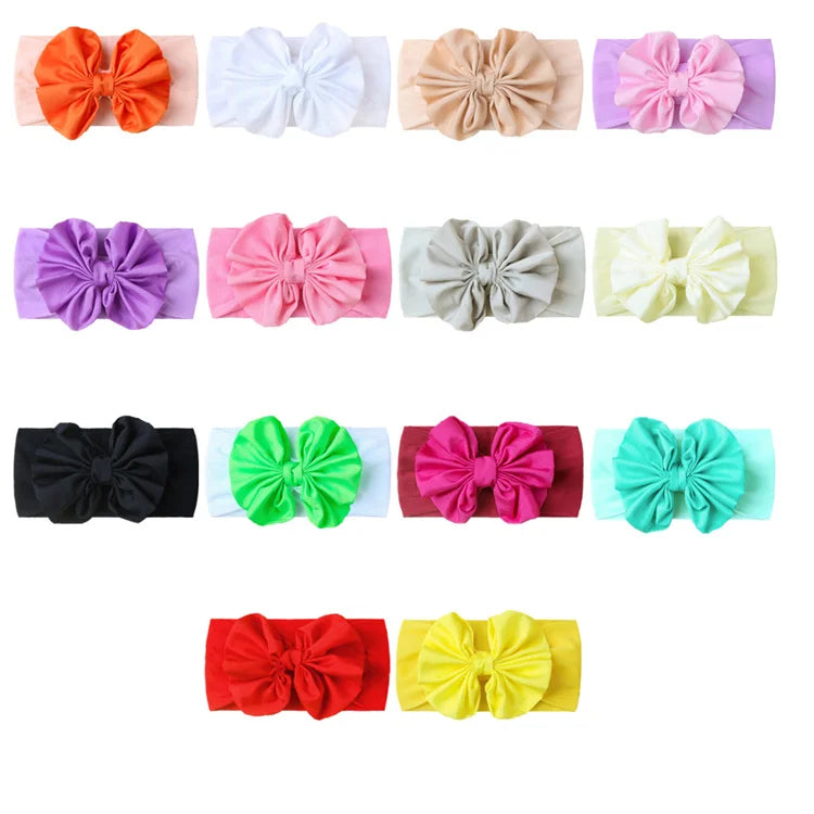 14 Different Colors Kids Elastic Hairband Solid Cotton Big Bows Baby Girl Headband