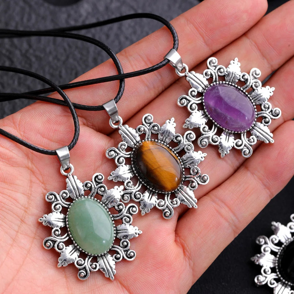 Wholesale Vintage Pendant Necklace Gemstone Jewelry Natural Stone Amethyst tiger Eye Rose Quartz Crystal Pendant
