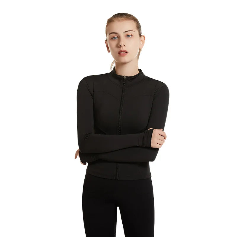 SKINNY Fit V-neck Collar Workout Sport Coat Women Half Zipper Nylon Jogger Fitness Jacket Thumb Holes Quick-Dry Breathable Yoga