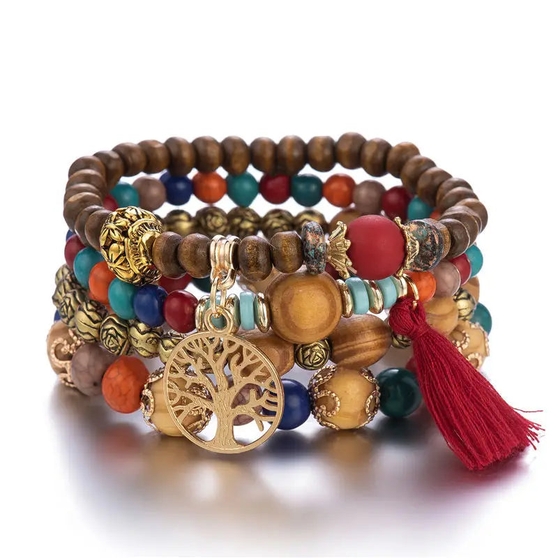Vintage Antique Gold Plated Charm Tree of Life Tassel Pendant Boho Wood Beads Women Multilayer Bohemian Bracelet Set