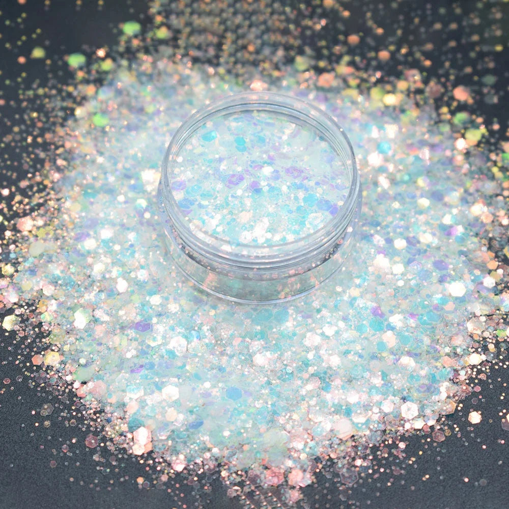 Wholesale Bulk Polyester Mix Nail Glitter Sequins Cosmetics Crafts Tumbler Body Iridescent Chunky Opal White Glitter