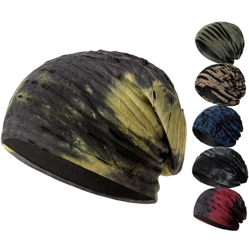 Hip Hop Street Vintage Unisex Custom Print Washed Distressed Cotton Lining Tie Dye Slouchy Hats Skull Beanie Cap