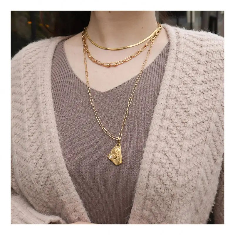 Chris April 316l Stainless Steel Gold Plated Irregular Shape Fresh Water Pearl Sweater Chain Pendant Necklace