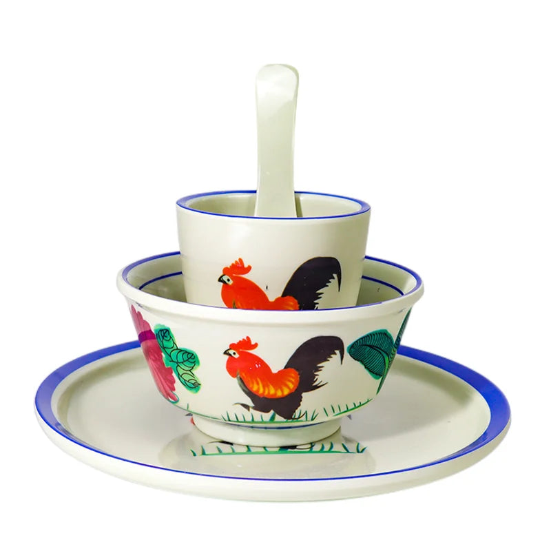 Chinese Style Rustic Rooster Melamine Dinnerware Set Melamine Plates and Bowl for Dinner