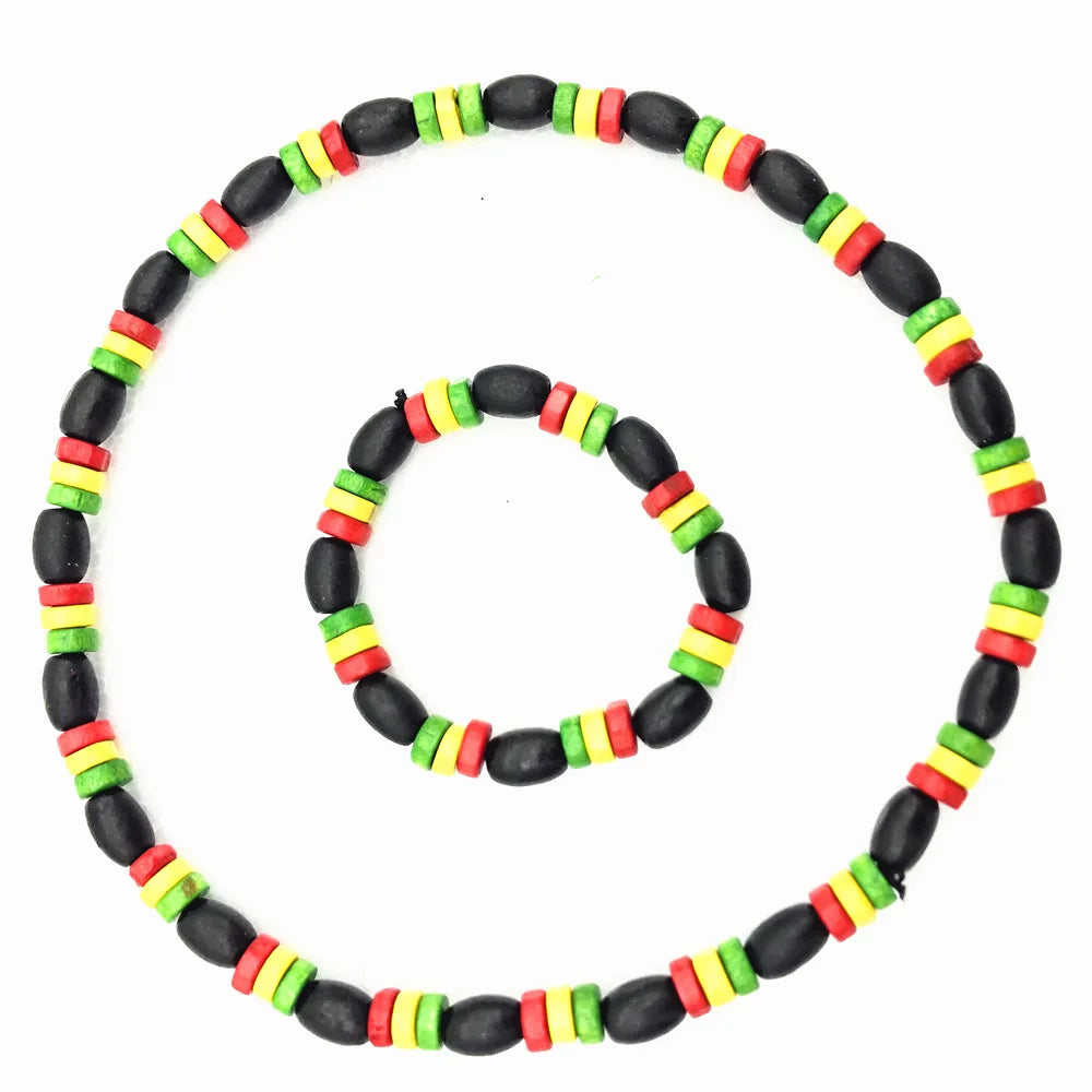 Factory Price Colorful Wood Jamaica Reggae Bead Necklace Bracelet Set