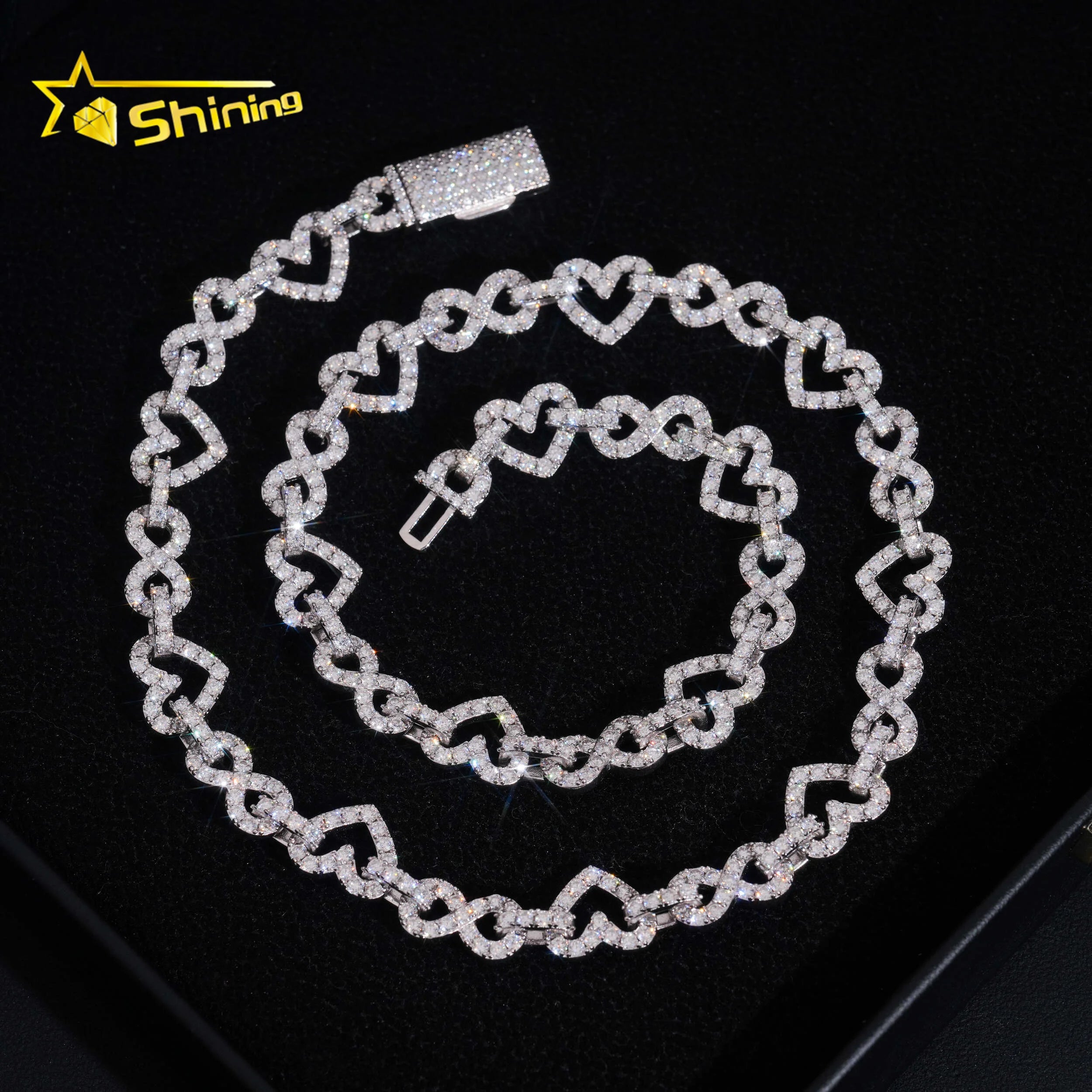 Hip Hop Jewelry Rapper 925 Silver 8.5MM Heart Style Missanite Cuban Link Chain Iced Out Men Infinity Cuban Necklace Chain Link