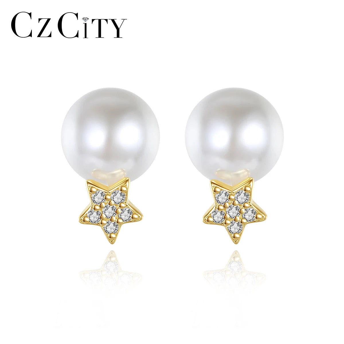 CZCITY 925 Silver High Quality Jewelry Dainty Wear Cubic Zirconia Star Shape Pearl Cute Stud Earrings for Girls
