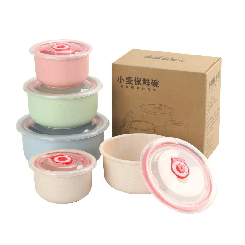 3-piece Colored Wheat Straw Soup Bowl Set Microwave Oven Heat-resistant Rice Bowl sealed Fresh-keeping Bowl Lunch Box with Cover