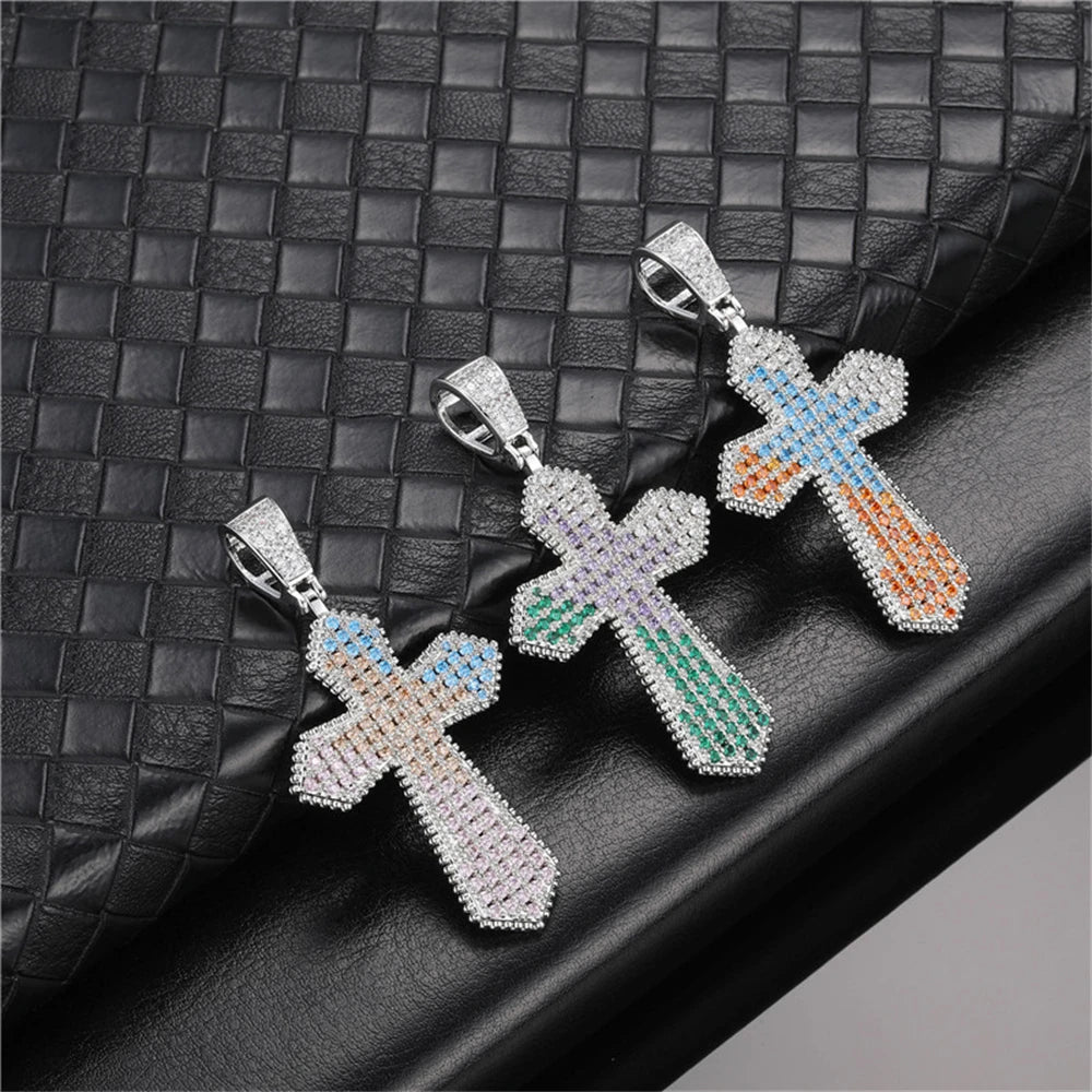 Hip-hop Brass Colorful Cross Pendant  Zircon Necklace  Jewelry for Men and Women