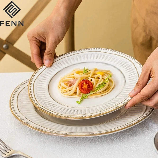 FENN Embossed Reactive Glaze Microwave Oven Safe Casual Ceramic Dinner Plates Set of 6 Dish Set Wedding Porcelain Serving Dishes