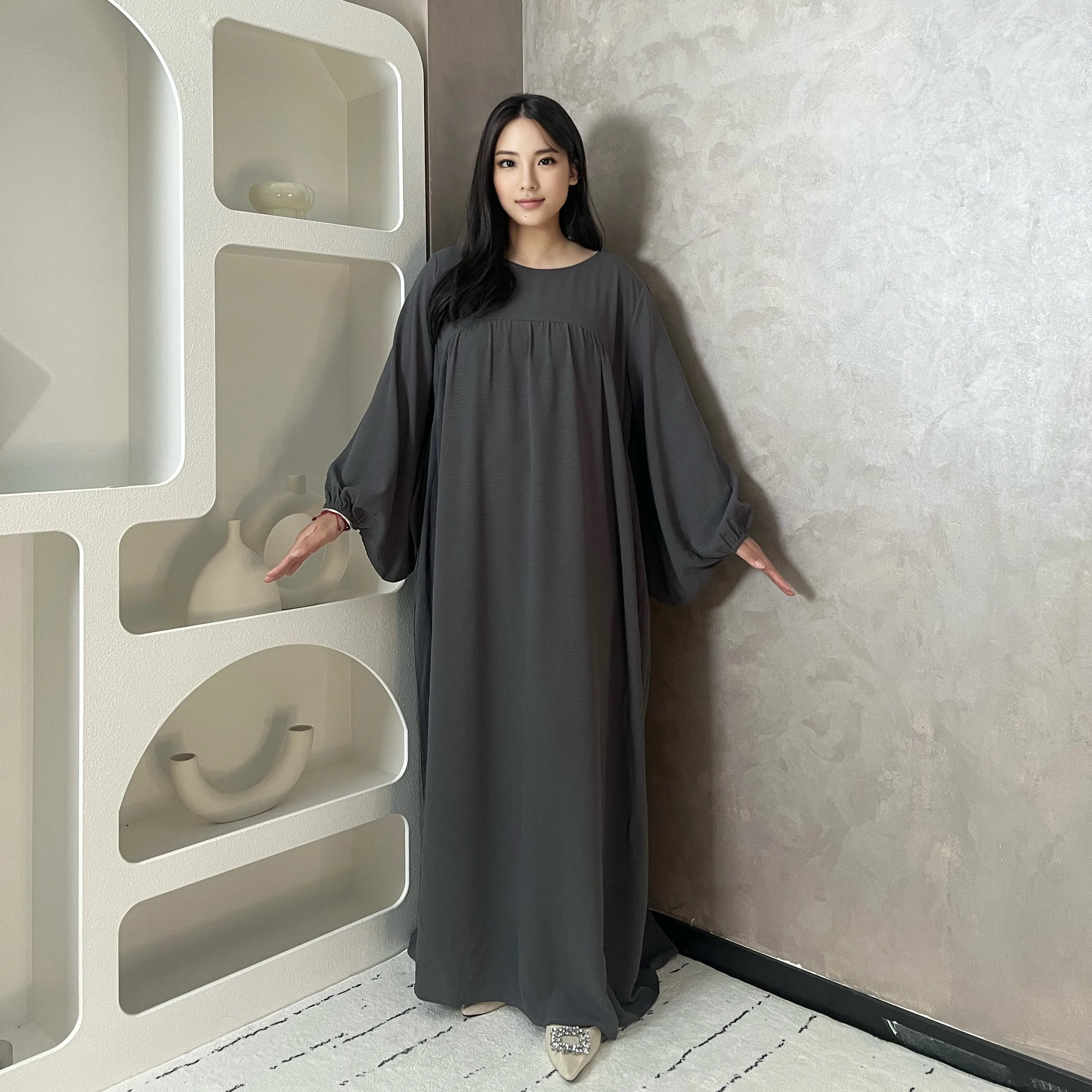 LM021 Balloon Sleeve Crepe Slip Abaya Dress Inner Bubble Sleeves Muslim Women Islamic Clothing Umrah Prayer Dress Modest