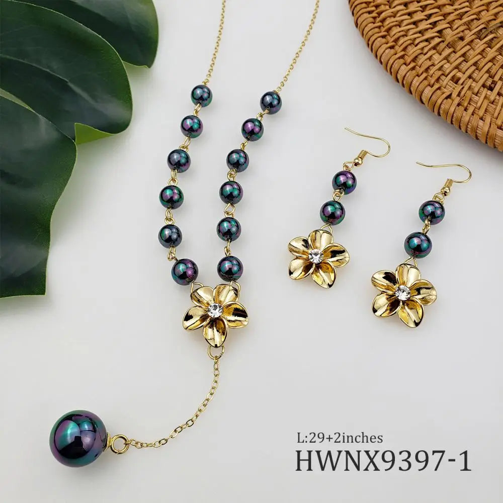 Hawaiian Jewelry Sets Wholesale 14k Plated Flower Pendant Necklace and Earrings Set for Women Girls