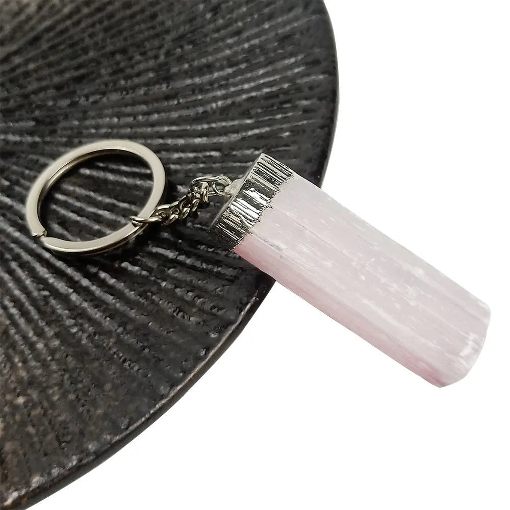 HZ Good Present Rectangular Electroplated Edging Hanging Chain of Natural Raw Mineral Crystal Key Ring pink Gypsum Stone Key Chain