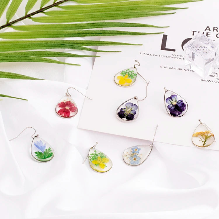 Customized Resin Dried Pressed Flowers Teardrop Earrings Clear Resin Dry Flowers Water Drop Earrings