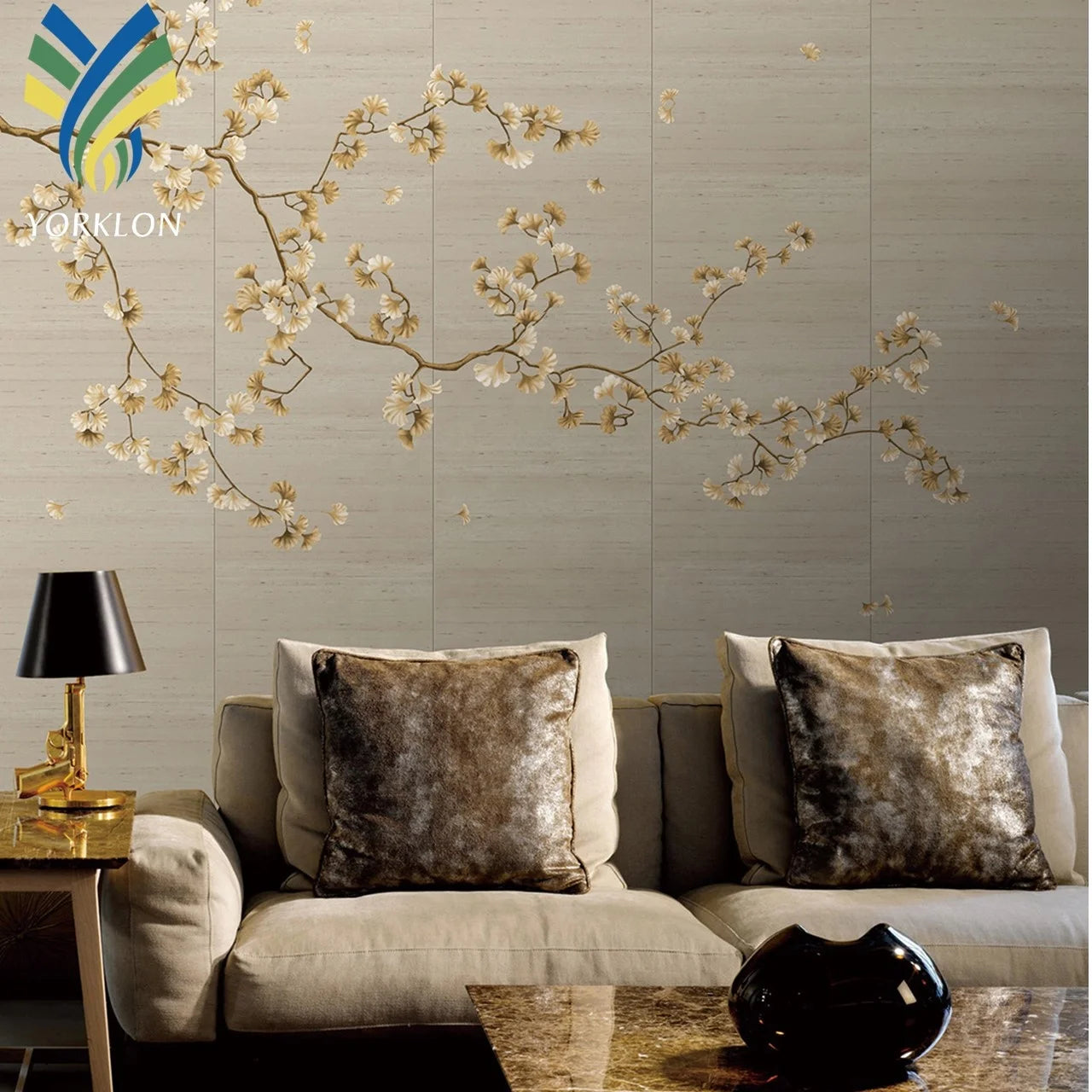 YKMC 0304 3D Floral Gold Flower Wallpaper Mural Waterproof and Anti-Static Asian Design for Wall Panel