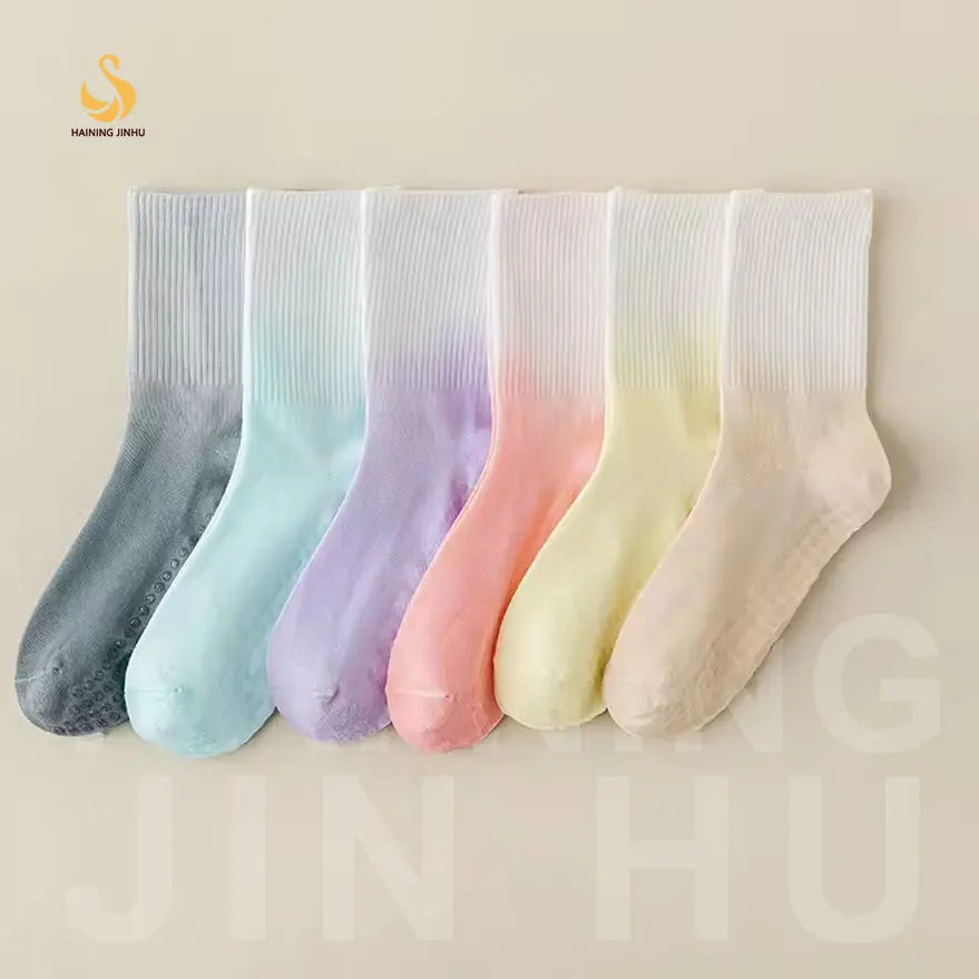 New Style Crew Knitted Pilates Socks with Cuff Logo Non-slip Anti-slip Breathable Cotton for Women