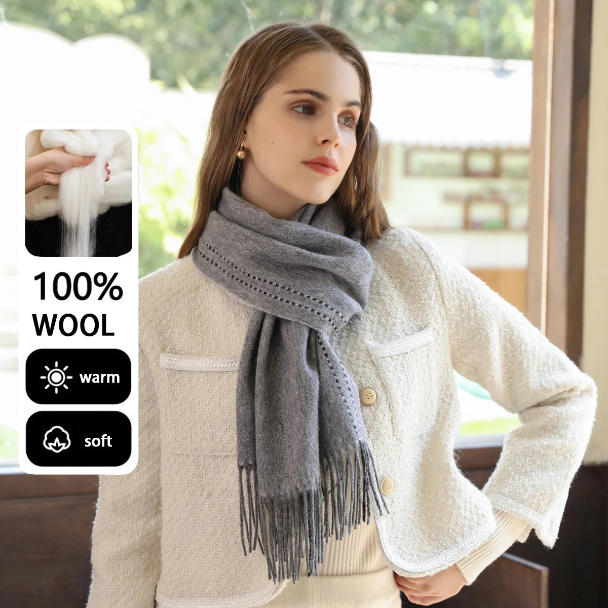 Light Luxury Fashion 100% Wool Scarf for Women High-End Minimalist Trend Solid Color Dotted Shawl