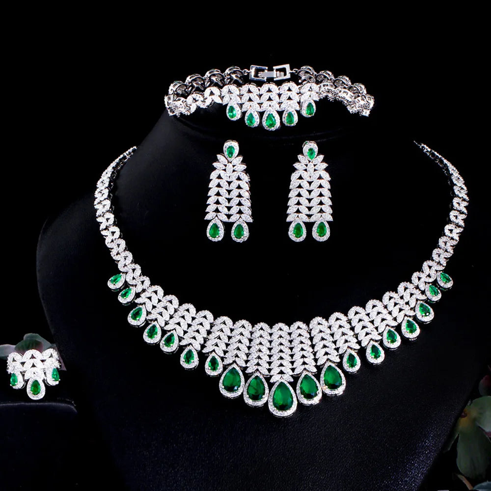 Luxury Women's Wedding Jewelry Set Water Drop Inspired Green Cubic Zircon CZ Bridal Party Engagement Platinum Plated