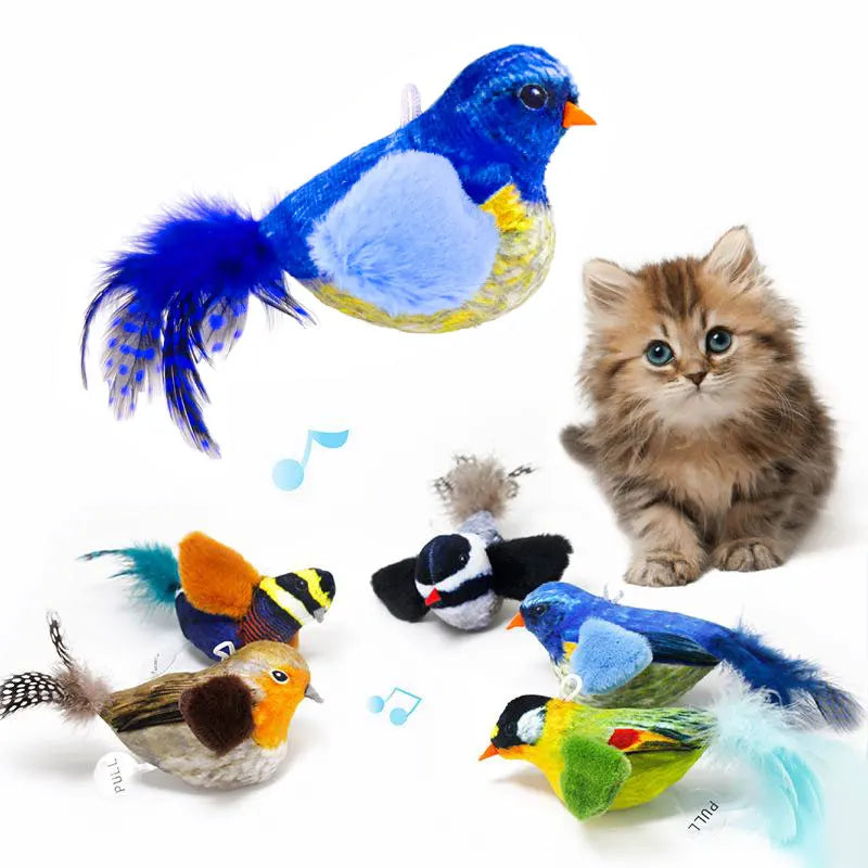 Pet Plush Toys Simulation Small Calling Bird Relieve Boredom Artifact Suspend Sounds Feather Teasing Bird Cat Dog Plush Toys
