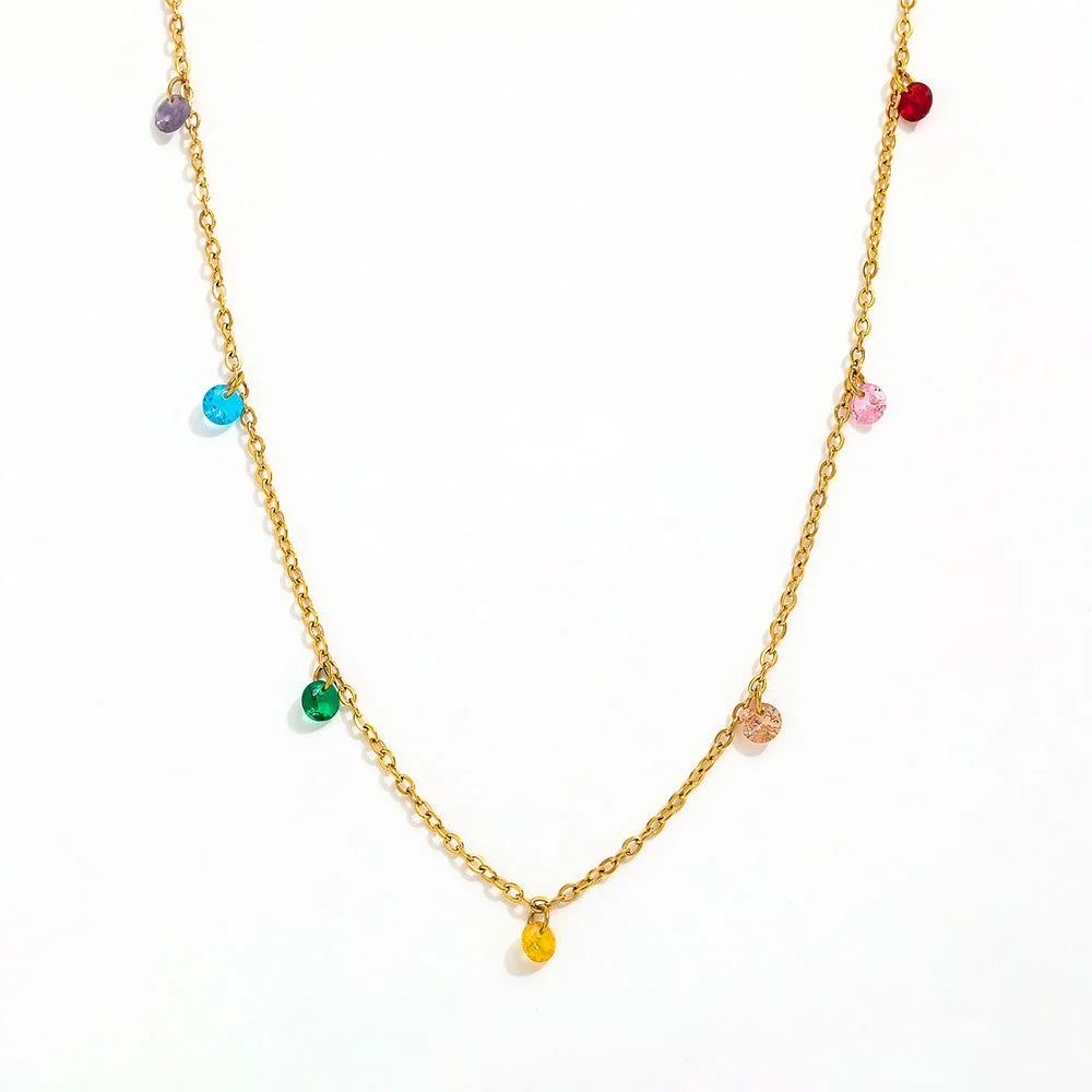Joolim Jewelry 18K Gold Plated Colorful 7 Color Oval Round Zirconia Tassel Pendant Necklace Stainless Steel Jewelry Wholesale