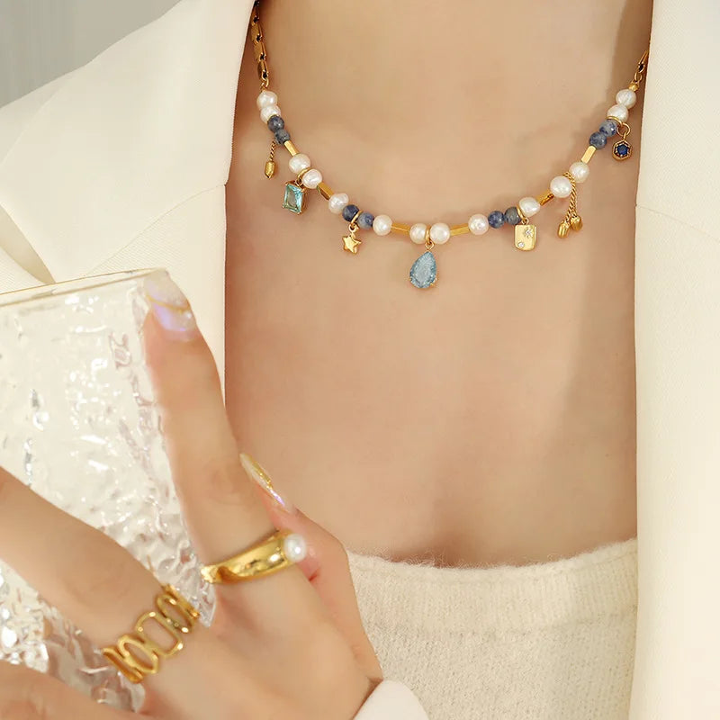 Crystal Necklace Splicing Heavy Craft Design Necklace Collar Chain Jewelry Stone Freshwater Pearl Bohemian French Style Natural