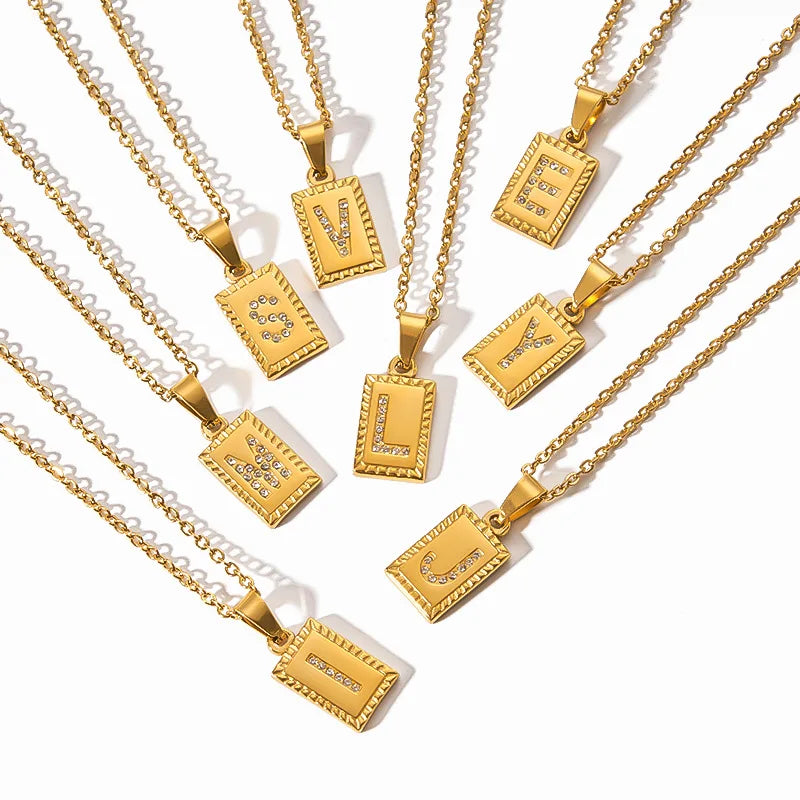 New Arrival Initial Alphabet Letter Necklace Rectangle Pendant With Zircon Letter Gold Plated 26 Letter Necklace