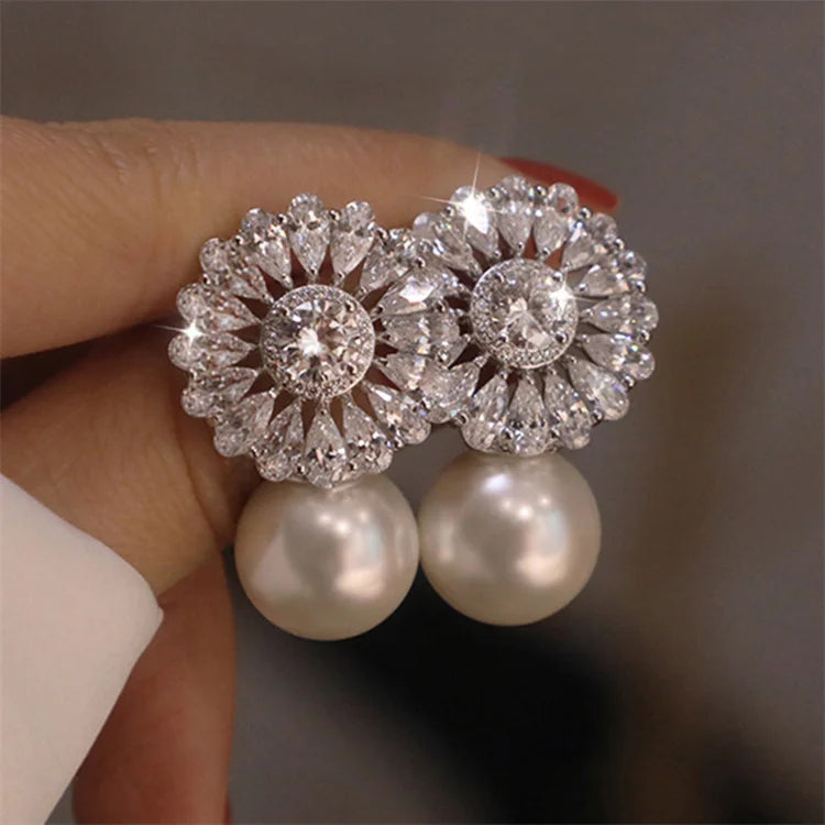 Hot Sale New High Quality  Korean Fashion Luxury Elegant Wedding Flower Zircon Pearl Stud Earrings
