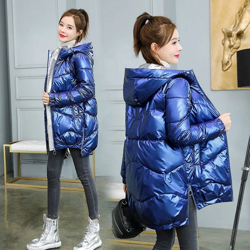 2021 New Winter Jackets Parkas Women Blue Down Cotton Jackets Hooded Parka Warm Female Cotton Padded Jackets Casual Outwear