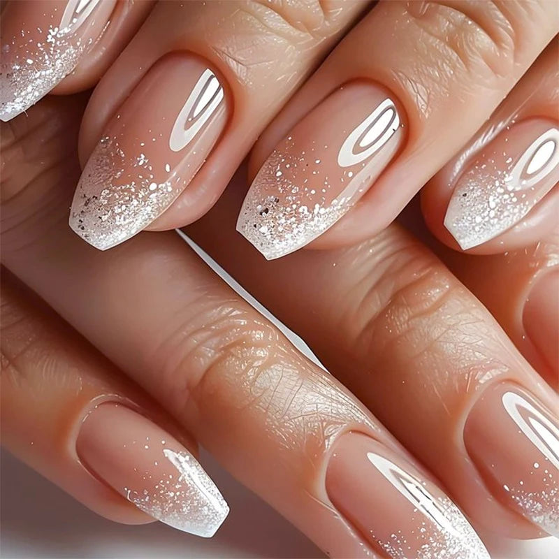 24 Pcs/set Acrylic 3736 Elegant White Glitter Ombre Nail Art Design Short Ballet French Press on Nails Artificial Fingernails