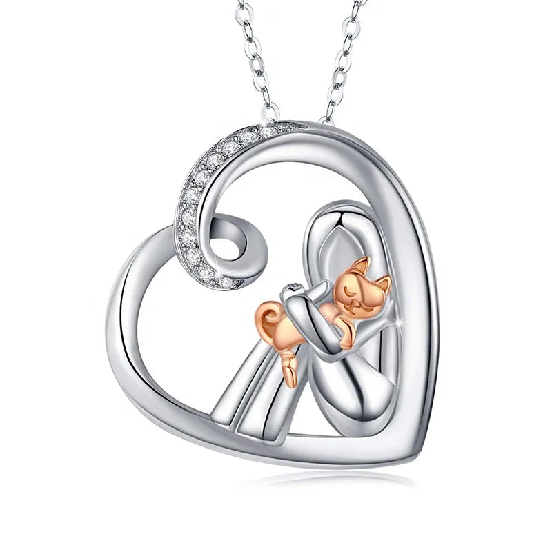 GP83 Fashion New 925 Sterling Silver Bicolor Cat Necklace Jewelry Gift Girl Cute Animal Lover Heart Pendant for Women Pet Love