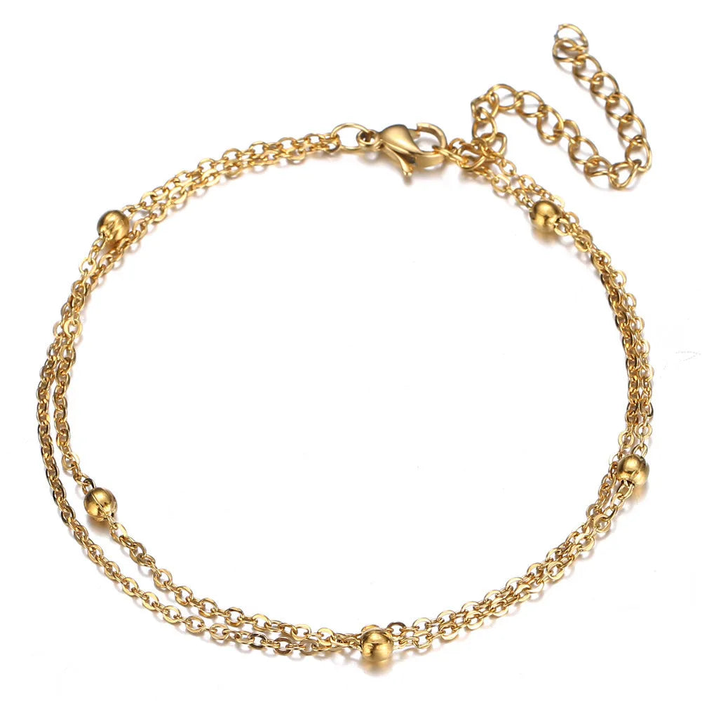 Dainty Luxury Women's Foot Jewelry Double Layer 18K Gold Plated Thin Chain Anklet Stainless Steel