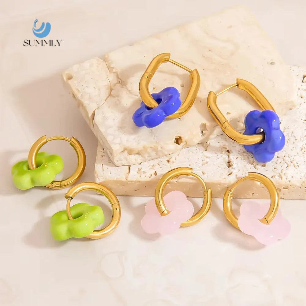 SUMMLY Trend Wholesale Creative Design Stained Glass Flower Charm 18K Gold Plated Stainless Steel Earrings Fashion Jewelry