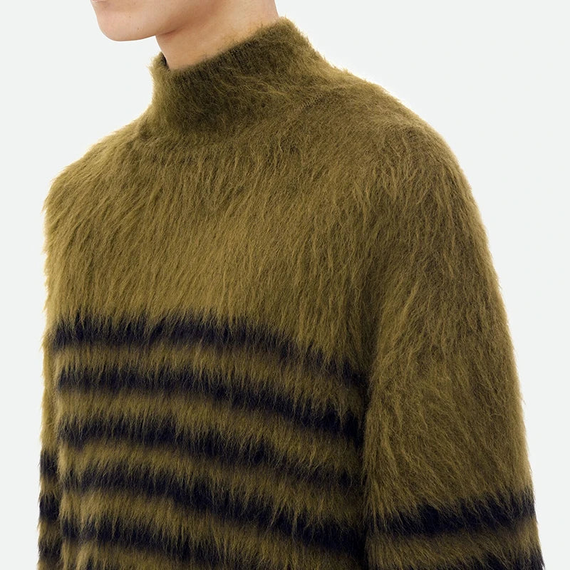 Knit Pullover Top Long Sleeve Striped Crew Neck Men's Mohair Sweater for Men Vintage Pattern Winter Fuzzy Knitwear Pattern Print