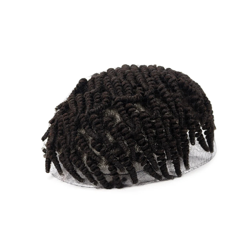 Mens Toupee Kinky Curly PU Hair Replacement With Soft Skin Hairpiece for Men 100% Remy Human Hair Color 1B