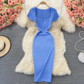 Summer Square Collar Short Sleeve Solid Knit Casual Dress Women High Waist Maxi Sheath Dress Ladies Elegant Dresses Wholesale