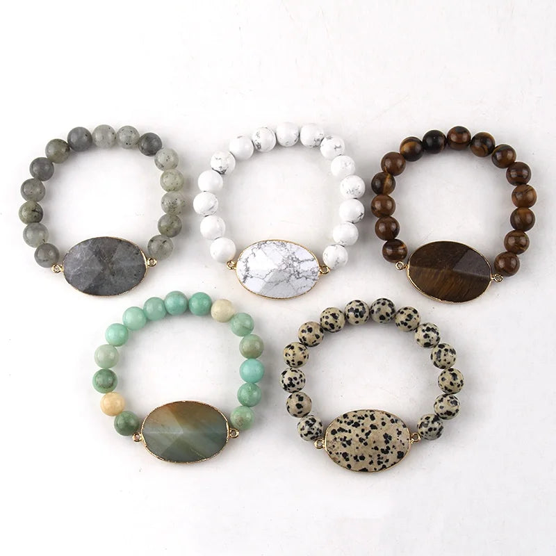 Fashion Handmade Bracelets10mm Beautiful Natural Stone Amazonite Tiger Eye Bead Bracelet Faced Oval Stone Charm Bracelet Bangle