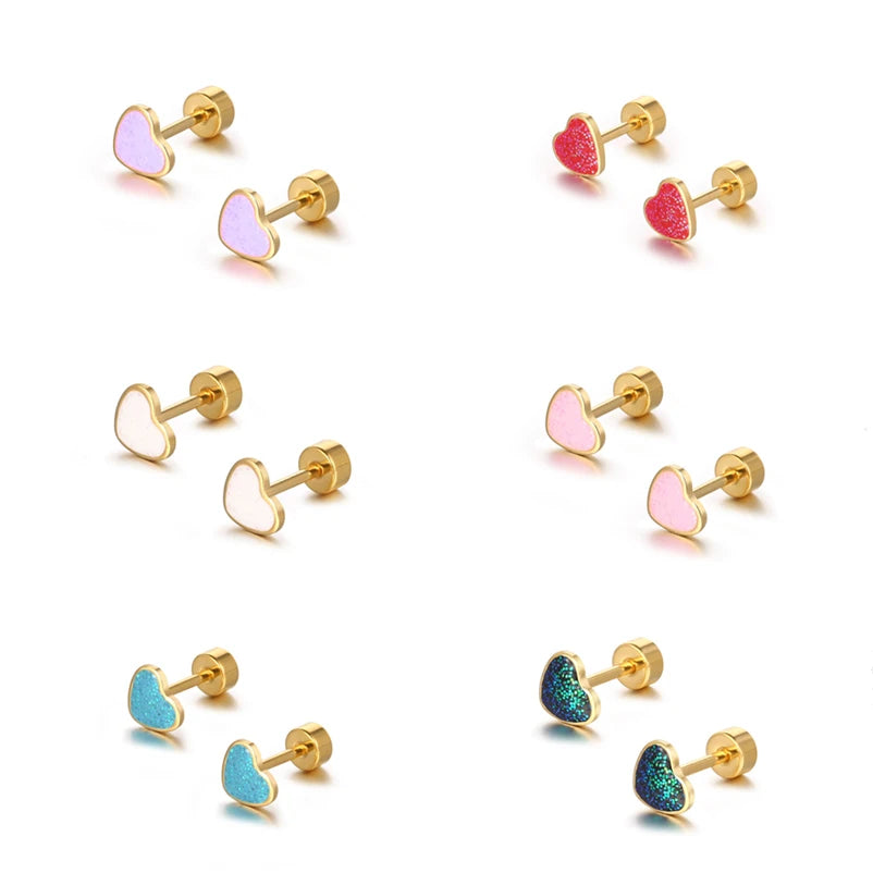 Cute Personality Stainless Steel  Minimalist Purple Red Blue Green Tiny Cute Heart Stud Earrings