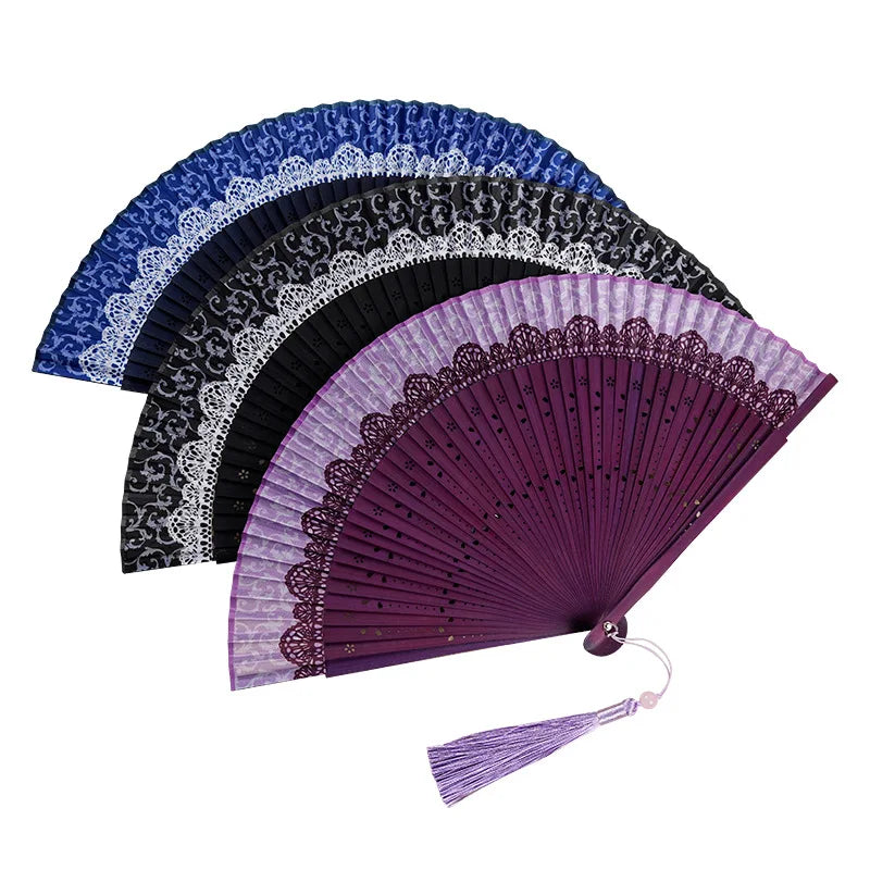 Chinese Bamboo Hand Fan with Tassel Portable Fabric Folding Handheld Fan for Wedding Party Gift