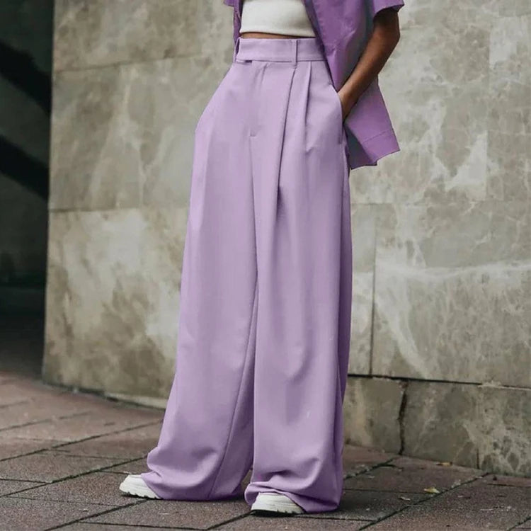 Enyami Minimalist Lady Trousers Pocket Solid High Waist Wide Leg Work Leisure Office Chic Pleated Women Palazzo Pants