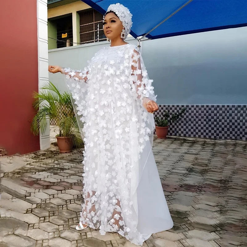 Womens Traditional Muslim Clothing Lace Kaftan Dress White Chiffon Bubu Gown Church Clothes African Dresses
