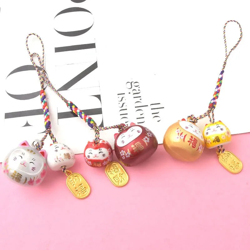 Japanese Cute Lucky Double Cat Bell Car Keys Bag Key Chains Water Sound Bell Pendent Charm for Phone Pendant