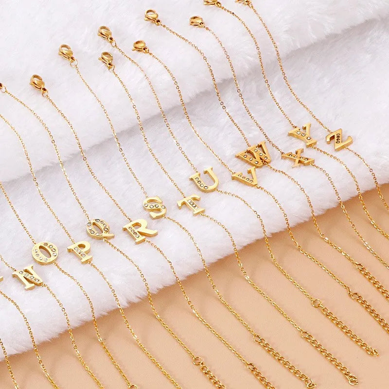 Wholesale 18K Gold Plated Alphabet Stainless Steel Cubic Zircon Initial Bracelet for Women