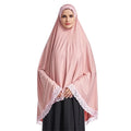 Latest Pink Cotton and Silk Jersey Khimar Long Muslim Prayer Hijab With Custom Logo and Lace Embroidery