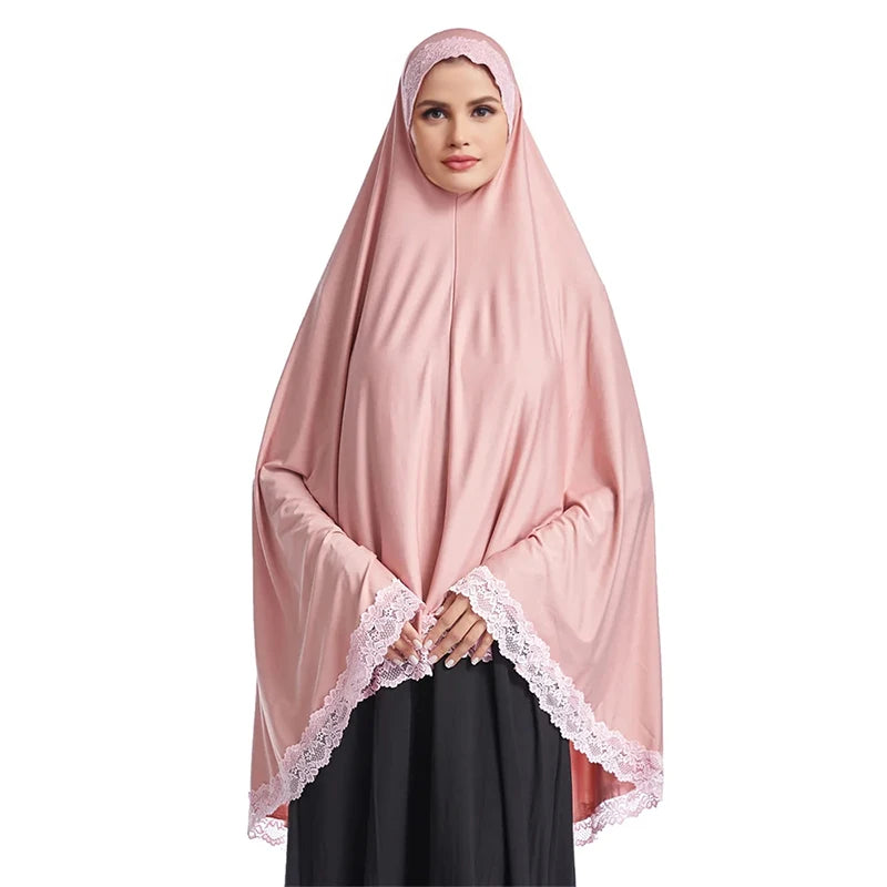 Latest Pink Cotton and Silk Jersey Khimar Long Muslim Prayer Hijab With Custom Logo and Lace Embroidery